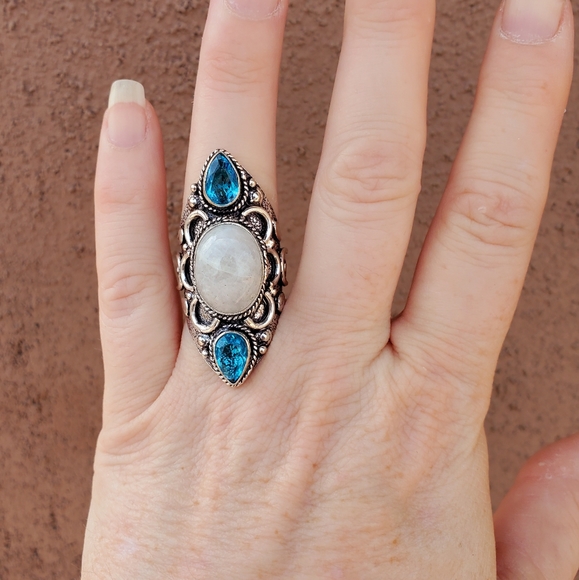 New Rainbow Moonstone & Blue Topaz 925 Silver Statement Ring. - Picture 13 of 15